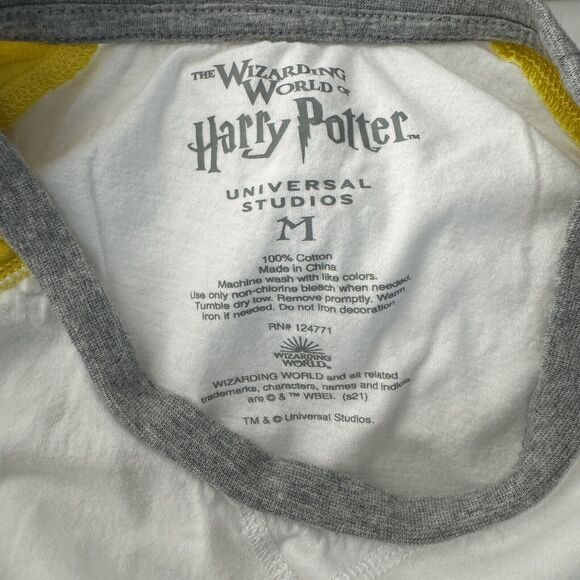 Harry Potter Shirt Women Medium Hugglepuff Raglan Tee Gray White Hogwarts Casual - Picture 6 of 6